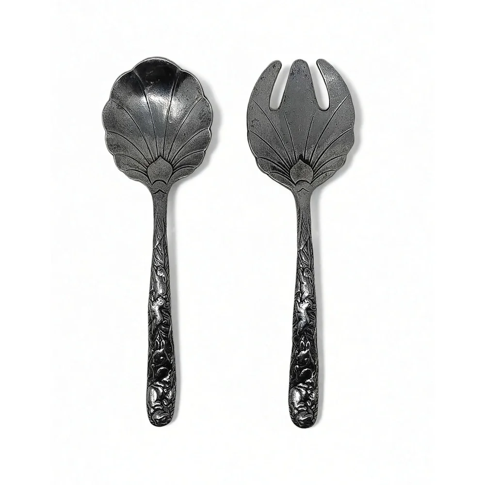 Arthur Court Bunny Rabbit Clam Shell Serving Set 1990 Aluminum Salad Utensils